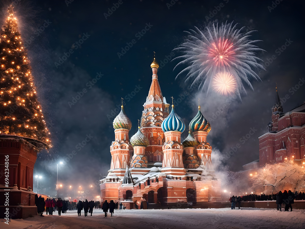 St basil cathedral with firework in the night, new year celebration.