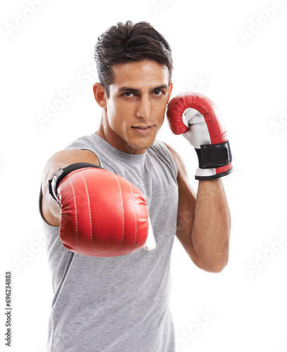 Boxer, man with punch in portrait and sports for fitness, health and martial arts on white background. Strong athlete with muscle, fight with boxing gloves for MMA training and exercise in studio