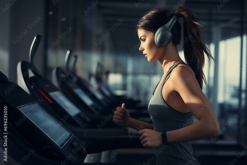 Fit woman, running on gym background wearing in the sportswear. Fitness and sport concept. Fit woman, running on gym background wearing in the sportswear. Fitness and sport concept.