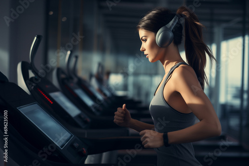Fit woman, running on gym background wearing in the sportswear. Fitness and sport concept. 