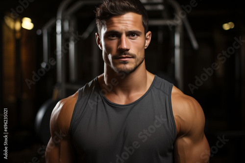 Portrait of strong athletic man on dark gym background. Fitness and sport concept. 
