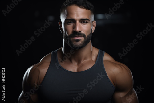 Portrait of strong athletic man on dark background. Fitness and sport concept. 