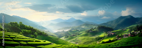 scene of terraced hillside agriculture, with crops cultivated in steps on a picturesque landscape. Generative AI