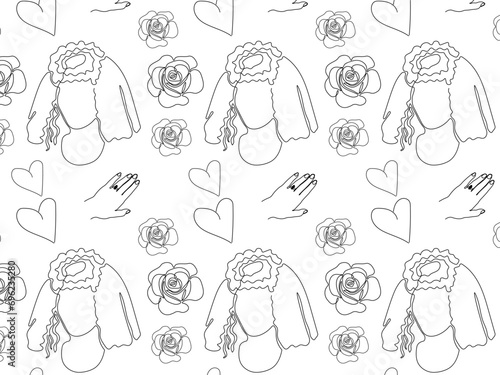 Seamless doodle black and white abstract wedding pattern with bride,ring and flowers