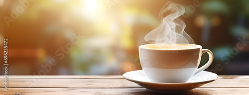 Coffee Cup with steam on a wodden table. Cozy autumn or winter concept
