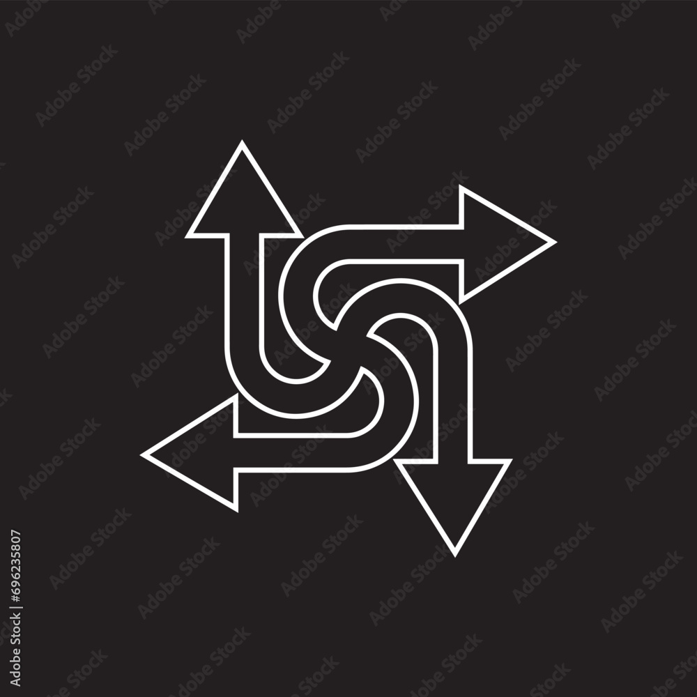 Four directions icon vector. Four side arrow icon sign symbol vector. Arrows pointing in different directions vector icon illustration isolated on black background Four directions icon vector. Four side arrow icon sign symbol vector. Arrows pointing in different directions vector icon illustration isolated on black background