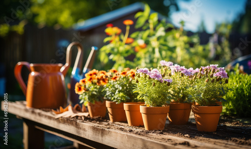 Gardening - group of Flowerpots In Sunny Garden.