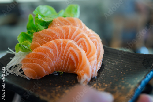 Fresh salmon sashimi. A famous Japanese menu is salmon sashimi. Many omega 3 dish.