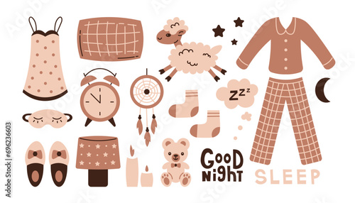 Sleep Accessories vector set. Cute hand drawn collection of slumber elements with nightwear, sheep, pillow, slippers, teddy bear, socks, dream catcher, alarm clock, lettering, illustrations.