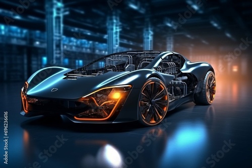Futuristic electric sports car driving in city highway with full self driving system parked at battery charging station network infrastructure wide banner hud datum with copy space area © Jasmeen