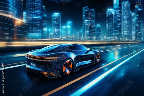 Futuristic electric sports car driving in city highway with full self driving system parked at battery charging station network infrastructure wide banner hud datum with copy space area