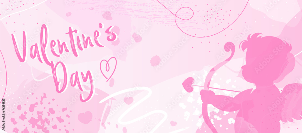 Valentine's Day Banner: Romantic Love Background with Copy Space with Baby Cupid and Flowers Pattern. Pink, Festive Greeting Card Design.