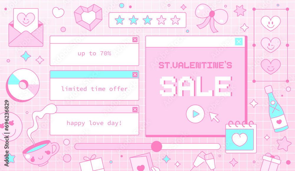 Y2K Groovy 90s Valentine's Day Vector Set: Retro Hearts, Computer Interface, and Sale Banners. Romantic, Cute, and Girly Aesthetics with Emojis and Holiday Graphics.