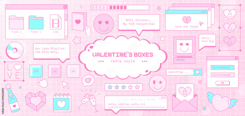 Y2K Pink Valentine's Computer Theme: Retro Love and Heart-Shaped Aesthetic Elements. Cute Stickers, Gift Boxes, and Interface Elements in Old Computer Style. Groovy2000s Vector for Romantic Design. Y2K Pink Valentine's Computer Theme: Retro Love and Heart-Shaped Aesthetic Elements. Cute Stickers, Gift Boxes, and Interface Elements in Old Computer Style. Groovy2000s Vector for Romantic Design.
