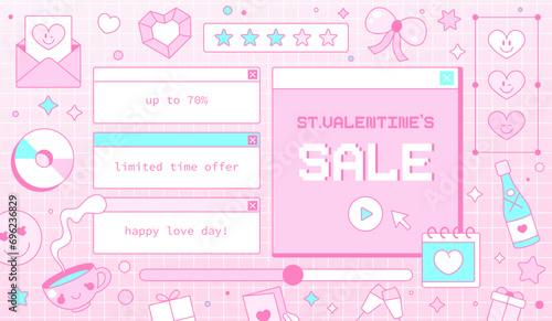 Y2K Groovy 90s Valentine's Day Vector Set: Retro Hearts, Computer Interface, and Sale Banners. Romantic, Cute, and Girly Aesthetics with Emojis and Holiday Graphics.