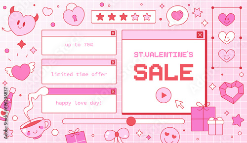Set of Valentine Day Old Computer Y2K Window, Notification, Dialogue Box, Heart, Button, Cursor, Rating, Loading and Volume bars. Interface in Groovy Vaporwave 90s Love Aesthetics. Cute Retro Vector.	