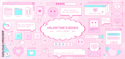 Y2K Pink Valentine's Computer Theme: Retro Love and Heart-Shaped Aesthetic Elements. Cute Stickers, Gift Boxes, and Interface Elements in Old Computer Style. Groovy2000s Vector for Romantic Design.