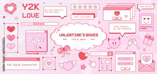 Set of Valentine's Day Y2K Window, Notification, Dialogue Box, Heart, Envelope, Button, Cursor, Rating, Searching, and Volume bars. Love-Themed 2000s Interface in Groovy Vaporwave 90s Aesthetics. 