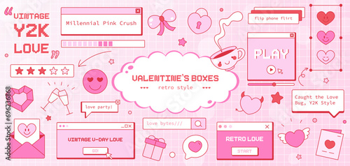 Set of Valentine's Day Love Elements in Y2K Window, Notification, Dialogue Box, Heart, Button, Cursor, Rating, Loading and Volume bars. Interface in Groovy Vaporwave 90s Aesthetics. Vector Cute Romant