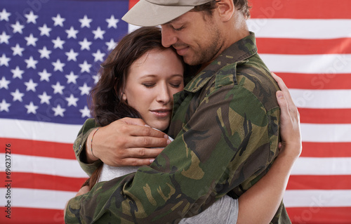 Photography American soldier hug woman, reunion after war and welcome hero with love and flag