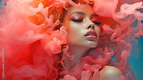 Banner Abstract fashion makeup concept with beautiful girl in color peach-fuzz cloud of smoke on isolated pastel blue background. Close-up portrait of a top model