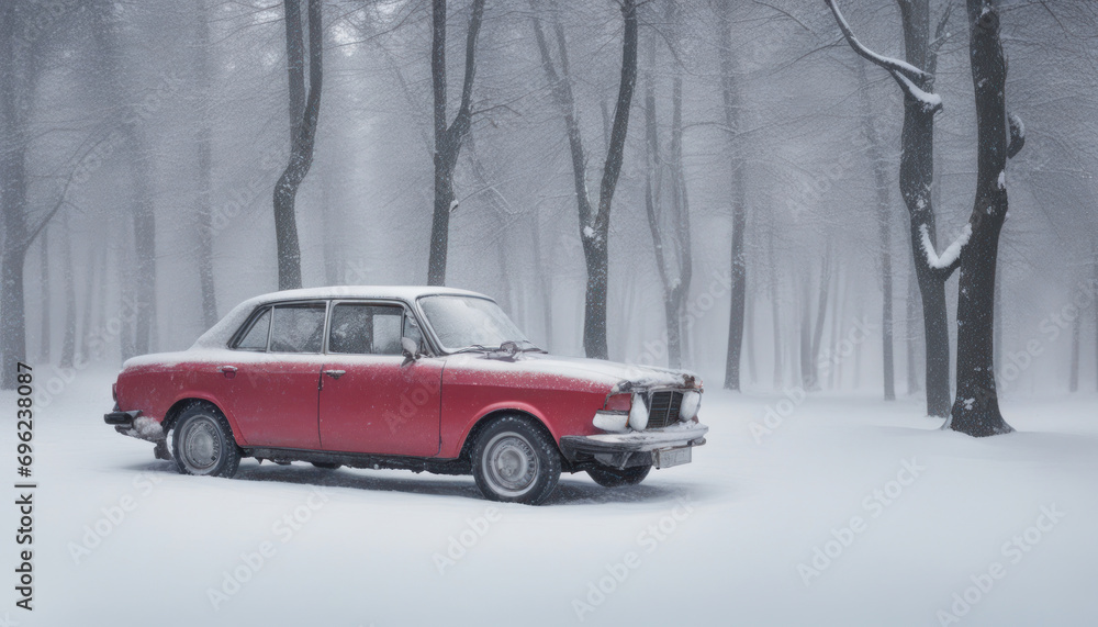 Vintage Charm Amidst Snowy Peaks Old Red Car in a Winter Wonderland