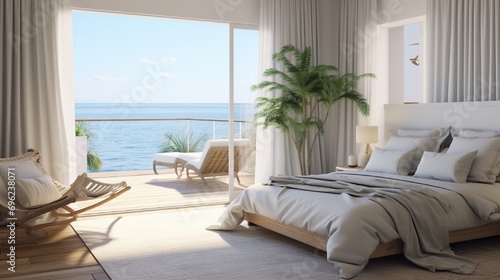 A coastal-inspired bedroom with light and breezy curtains, capturing the essence of beachside living and creating a relaxing sleep environment. © Bhatti arts