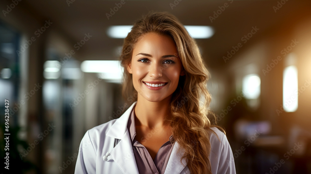 Senior woman doctor standing and smiling in laboratory room. Confident female doctor wearing white lab coat. For scientist, researcher, health care concept. Generative AI - obrazy, fototapety, plakaty 