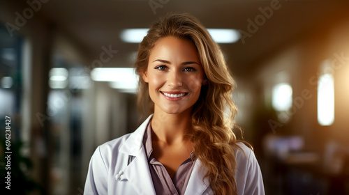 Senior woman doctor standing and smiling in laboratory room. Confident female doctor wearing white lab coat. For scientist, researcher, health care concept. Generative AI