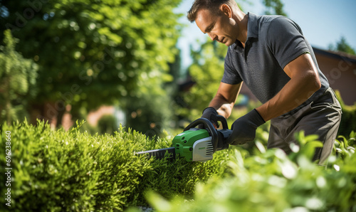 Man cutting a hedge in the garden.