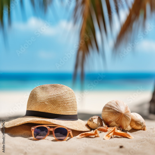 Straw hat and sun glasses on a tropical beach