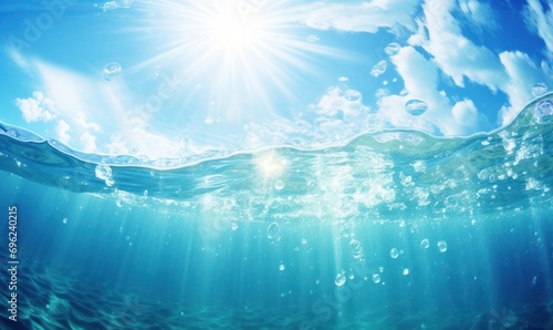 Underwater view of blue sea water surface with sun rays and clouds.  © munduuk