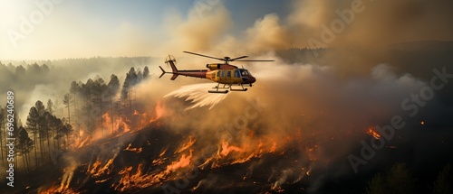 To put out a forest fire, a firefighting helicopter is equipped with a water bucket..