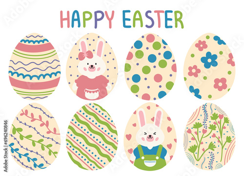 Painting of Easter bunnies and Easter eggs. Easter day with cute colorful bunnies and eggs.