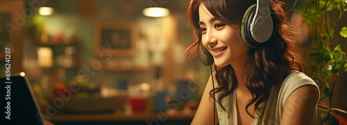 Asian girl with a smile on her face studying at home for a virtual course with a tutor via headphones . photo