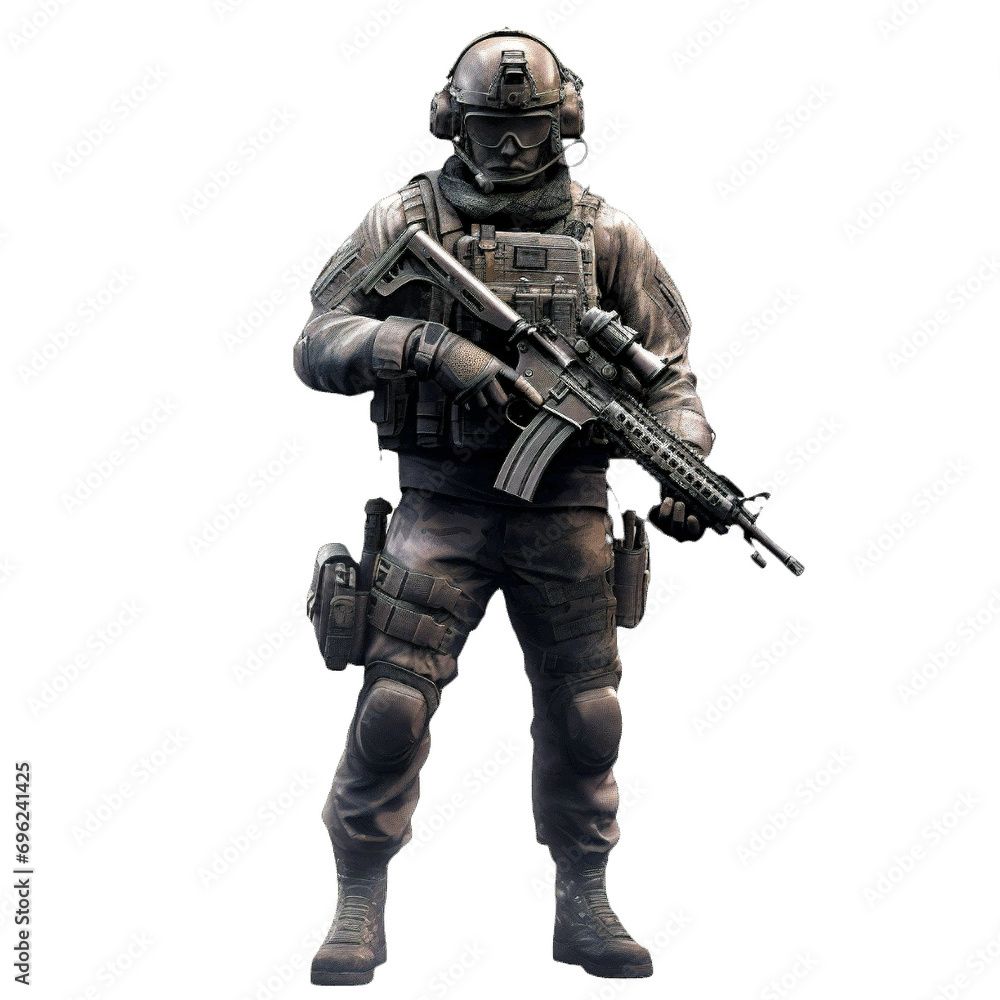 a soldier with a gun and helmet on a transparent background