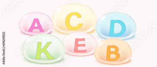 Vitamin vector. B, C, A, D, E and K. Set of Multi Vitamin complex icons. Multivitamin supplement.