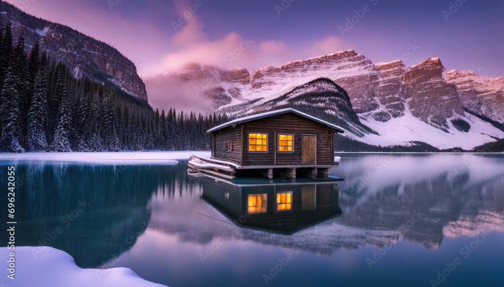 Frozen Elegance Blue Hour Beauty at Lake Louise Boat House, Alberta, Canada