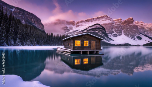 Frozen Elegance Blue Hour Beauty at Lake Louise Boat House, Alberta, Canada