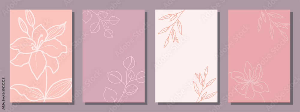 A minimal set of creative universal templates. Hand drawn leaves and flowers in Doodle style.