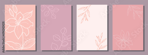 A minimal set of creative universal templates. Hand drawn leaves and flowers in Doodle style.