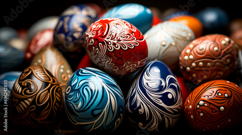 Colorful easter eggs on a dark background, close-up.