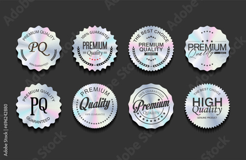 Hologram stickers or labels with holographic premium quality text vector illustration