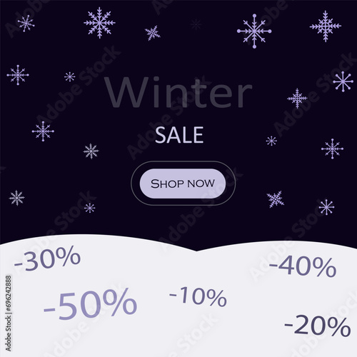 Winter sale, -50%, -40%, -30%, -20%, -10%, vector illustration, banner.
