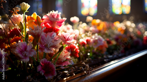 Colorful flowers in a church with shallow depth of field. © suwandee