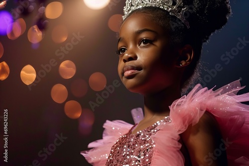 little 5 year old black girl in a pink bedazzled tulle dress on a stage with a crown winning a beauty pageant