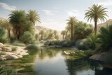 Desert tropical oasis digital art. Green vegetation area in the middle of dune. Generate ai