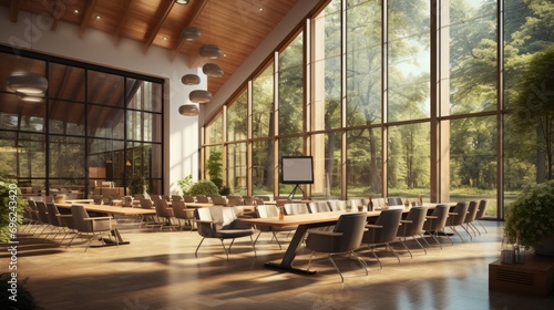 a large spacious open workspace with long meeting tables, comfy office chairs, big windows. Huge hall for school classes, business meetings, seminars and sales presentation in the forest