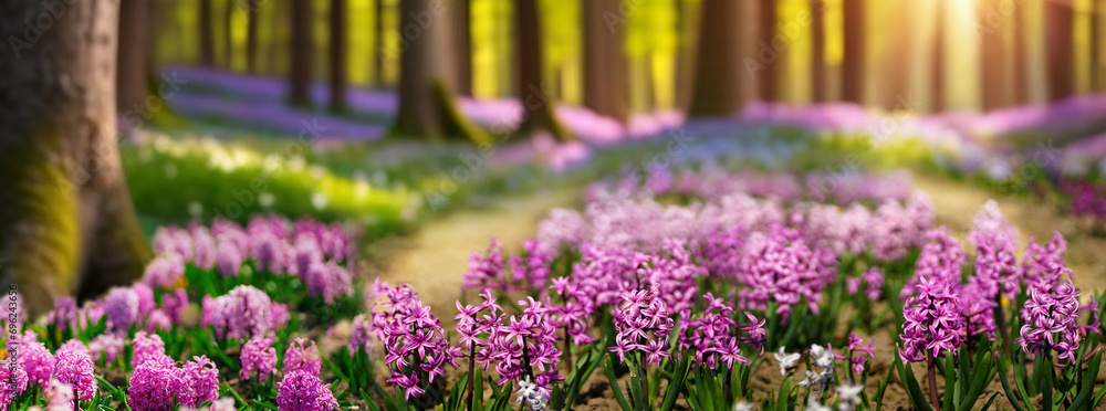 Beautiful natural spring landscape with a colorful field of hyacinth flowers against the backdrop of forest and sun. - obrazy, fototapety, plakaty 