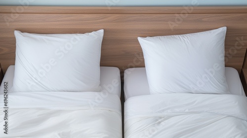 Close-up on minimalistic hotel bedding: clean white pillows, duvets, bedsheets neatly placed on a bed